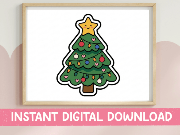 Kawaii Christmas Tree with Star Sticker: A Festive Design Asset